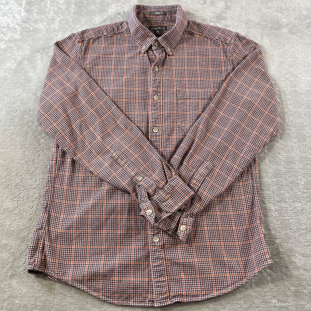 Eddie Bauer Flannel Sim Shirt Mens Medium Red Check Preppy School Fall Casual